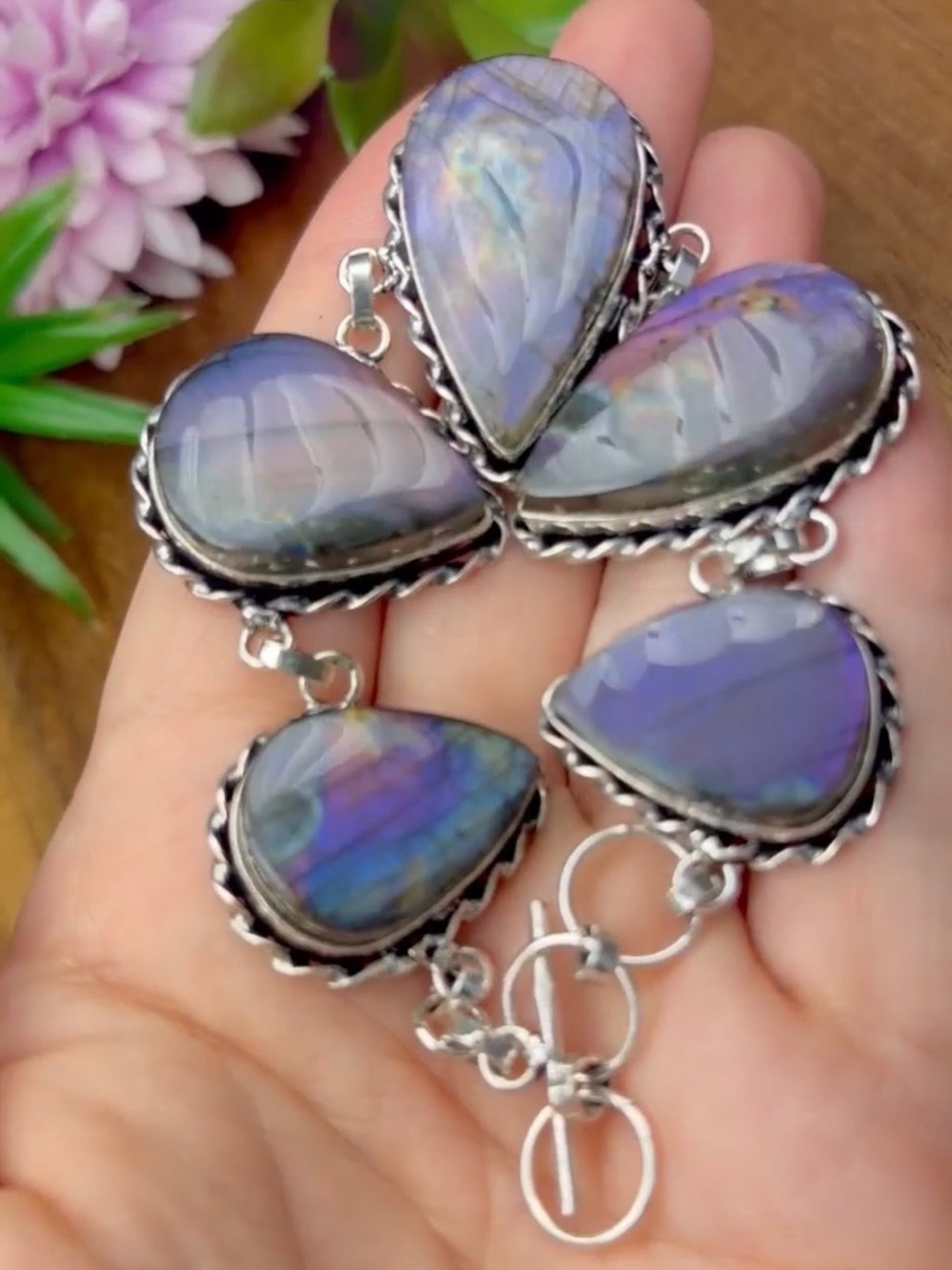 Purple Labradorite Bracelet Chunky Southwest Pear Sterling Silver 925 Overlay